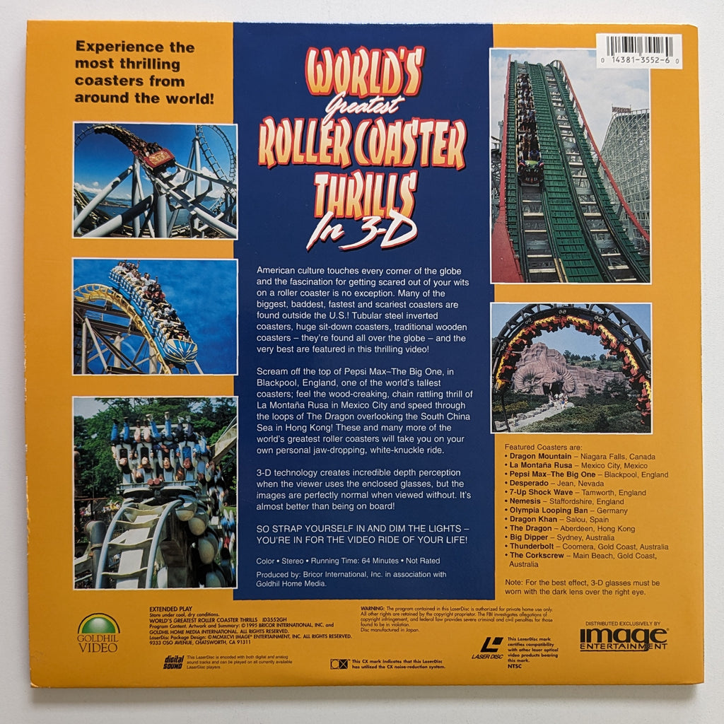 World's Greatest Roller Coaster Thrills in 3-D (1999) North American LaserDisc — product photograph